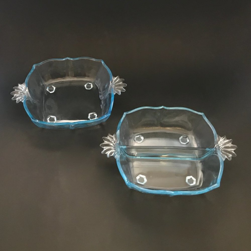 2 VTG Fostoria Glass Azure Blue Baroque Pattern Dishes